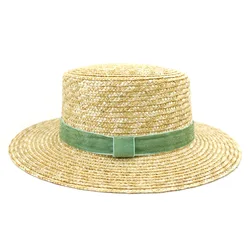 Sun Hats Natural Wheat Straw Boater Top Hat Women Summer Beach Flat Brim Cap Bowknot Ribbon for Holiday Sombreros De Sol