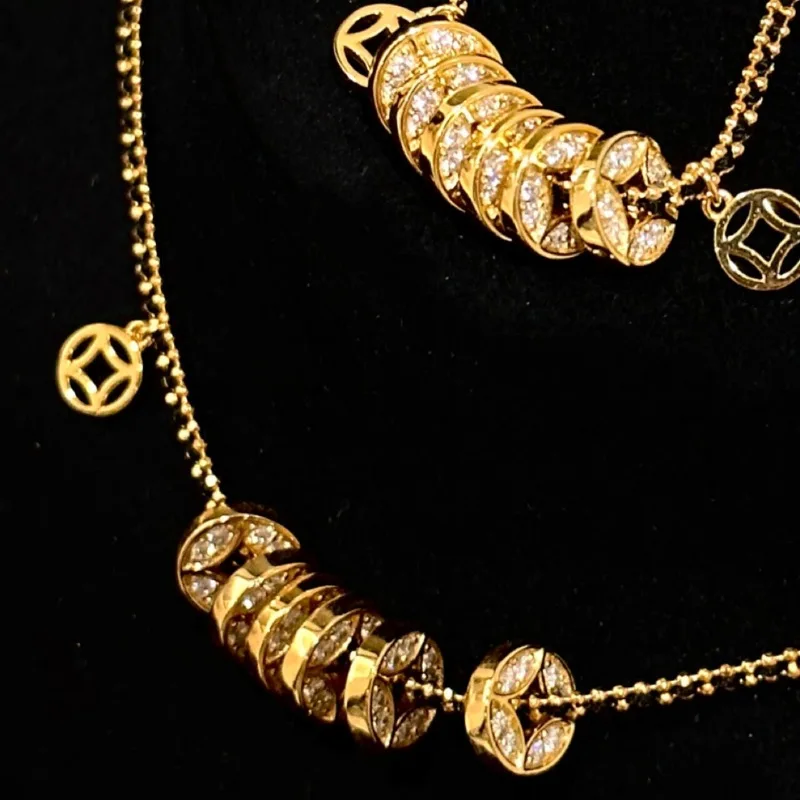 Black rope woven hollow out Five Emperors coin tassel necklace bracelet ...
