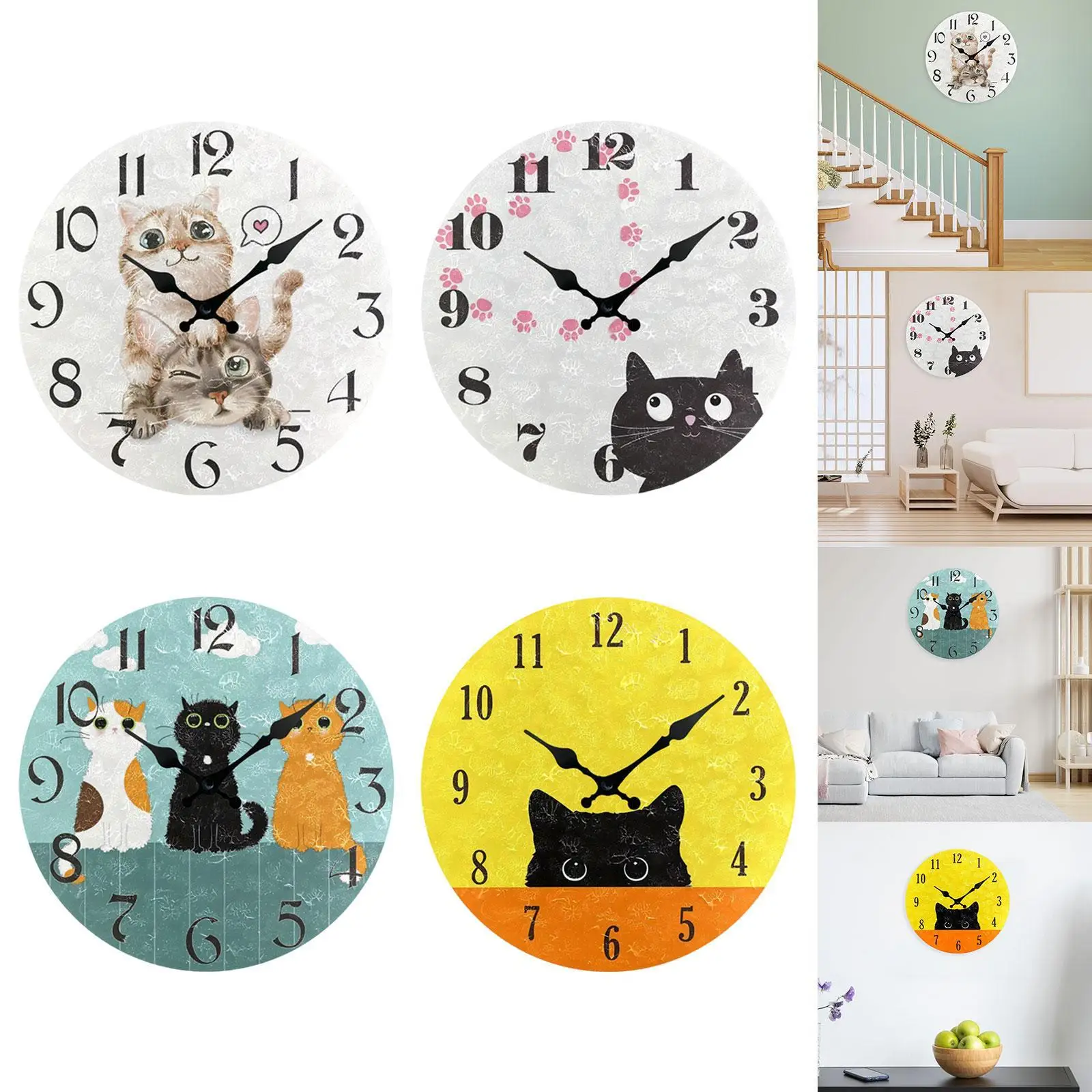 Funny Cat Wall Clock Quiet Wall Decorative Clock for Kitchen Bathroom Indoor