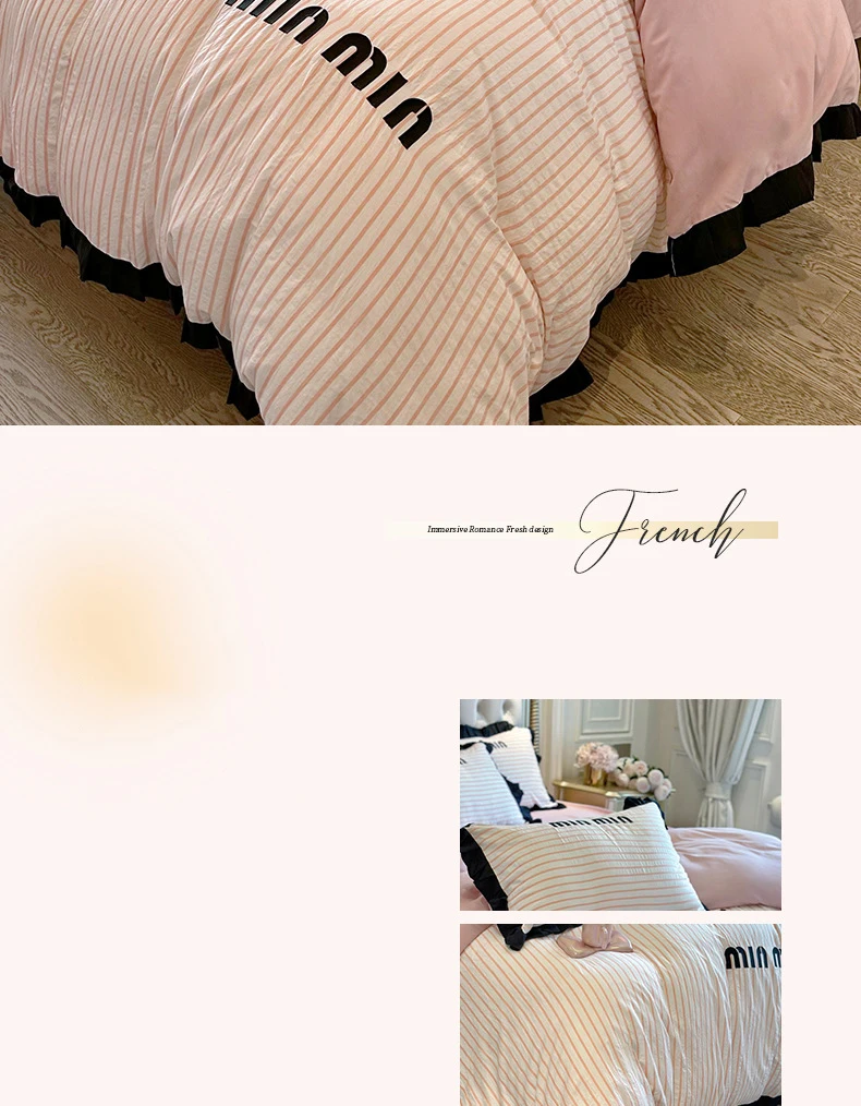 Description Picture 3 of itemRuffles Striped Bedding Bed Sheet Duvet Cover Fitted Full Bedspreads Sets AB Double-sided Skin-friendly Summer Bedroom Linens