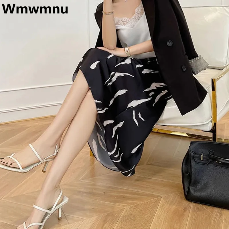 

Print Black Elegant Midi Skirts Smooth Satin Korean Fashion Faldas Elastic High Waist Aesthetic Skirt Women Casual Summer Jupe