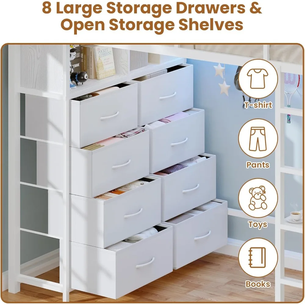 Twin Loft Bed with Desk & 8 Drawers Tall Dresser, Metal Loft Bed with LED Lights & Charging Station, 2-Tier Storage Shelves, Sta 3