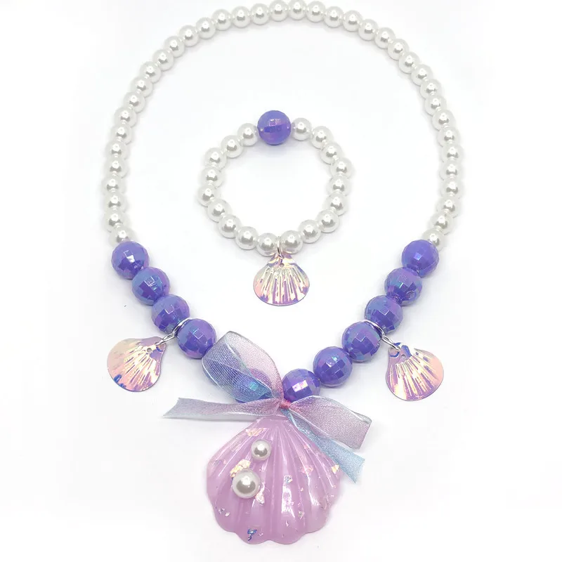 Baby Girls Beads Pearl Shell Mermaid Pendant Necklace Bracelet for Child Kids Lovely Flower Necklace Charm Jewelry For Gift 3