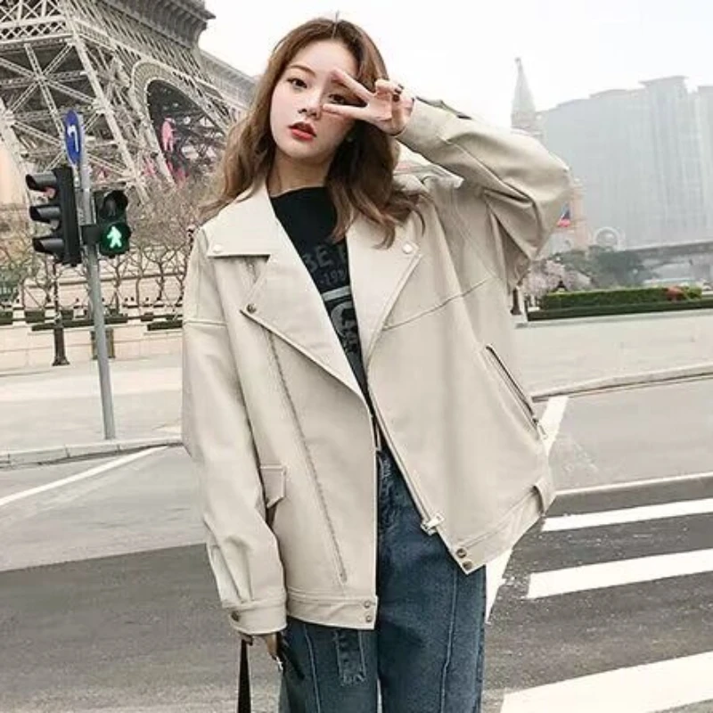 2023 Autumn Women Faux Leather Jacket Female Soft PU Outerwear Casual Oversized Solid Color Loose Motorcycle Biker Leather Coat