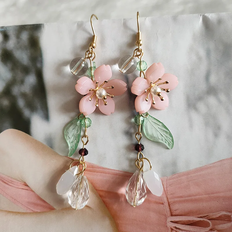 Spring Pink Flower Dangle Earrings for Women Fairy Charms Floral Leaf Earrings Summer Holiday Pendants Jewelry Gifts
