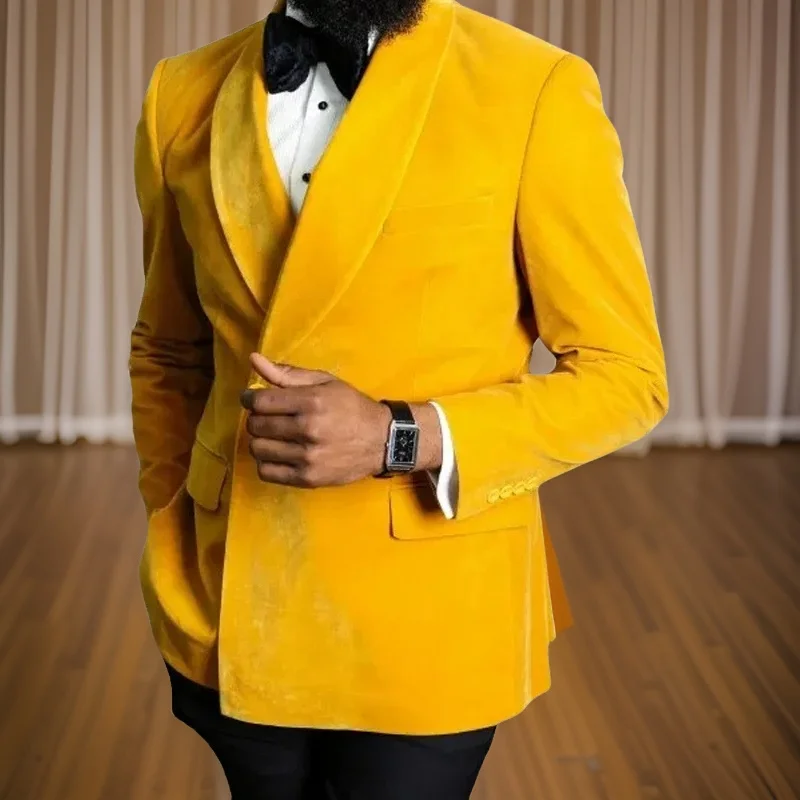 

Double Breasted Suits for Men African 2024 2 Pieces Wedding Groom Tuxedo Fashion Yellow Velvet Smoking Jacket with Black Pants