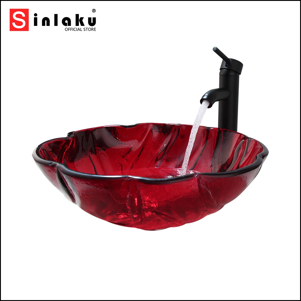 

SINLAKU Red Tempered Glass Oval Washroom Basin Vessel Vanity Set Transparent Bathroom Washbasin Brass Mixer Tap Faucet w/ Drain