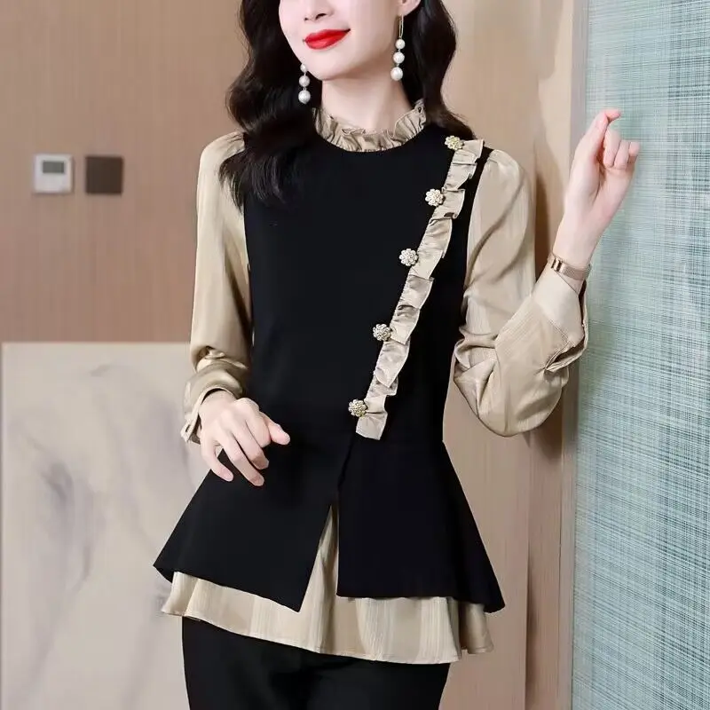 Fashion Spliced Button Ruffles Fake Two Pieces Blouses Women\'s Clothing 2023 Autumn Winter New Elegant Tops Asymmetrical Shirts