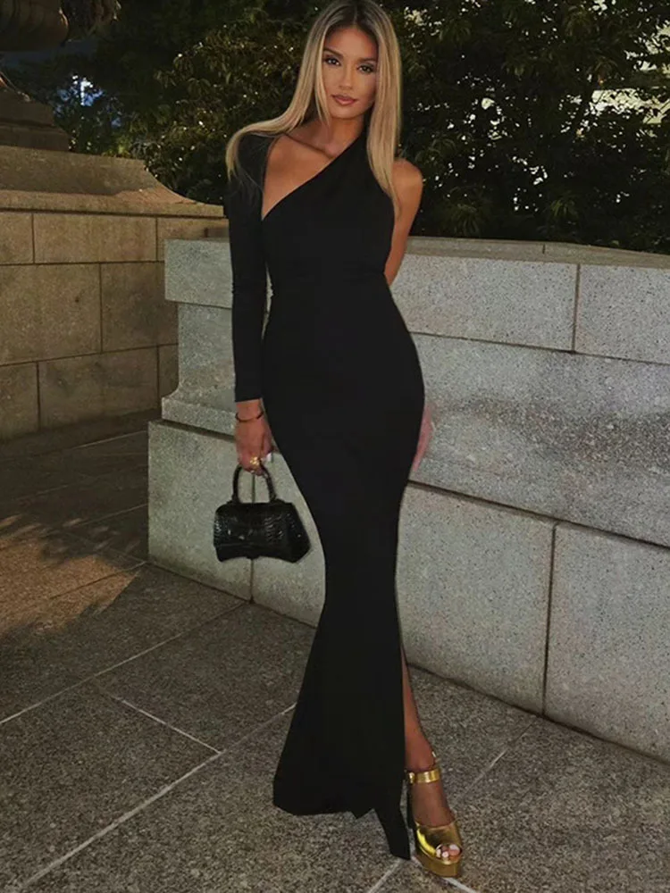 

Apprabant Black Vestido Fashion Wrapped Shoulder Asymmetrical One Sleeve Sexy Slim Fit Side Split Gown Wrapped Hip Dress