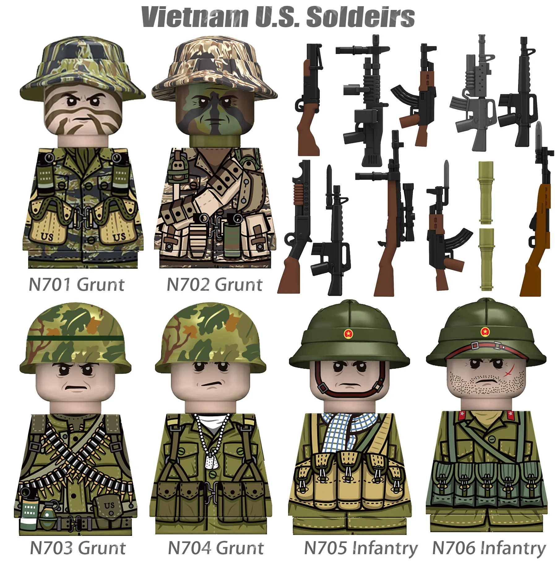 WW2 Military Camouflage Soldiers Building Set with Weapons and Helmets