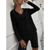 Plus Size 1XL-5XL Women's Fashion Long-Sleeved V-neck Hoodies Ladies Solid Color Pullover Hoodie Drawstring Pullovers Tops