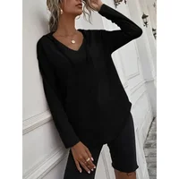 Plus Size 1XL-5XL Women's Fashion Long-Sleeved V-neck Hoodies Ladies Solid Color Pullover Hoodie Drawstring Pullovers Tops