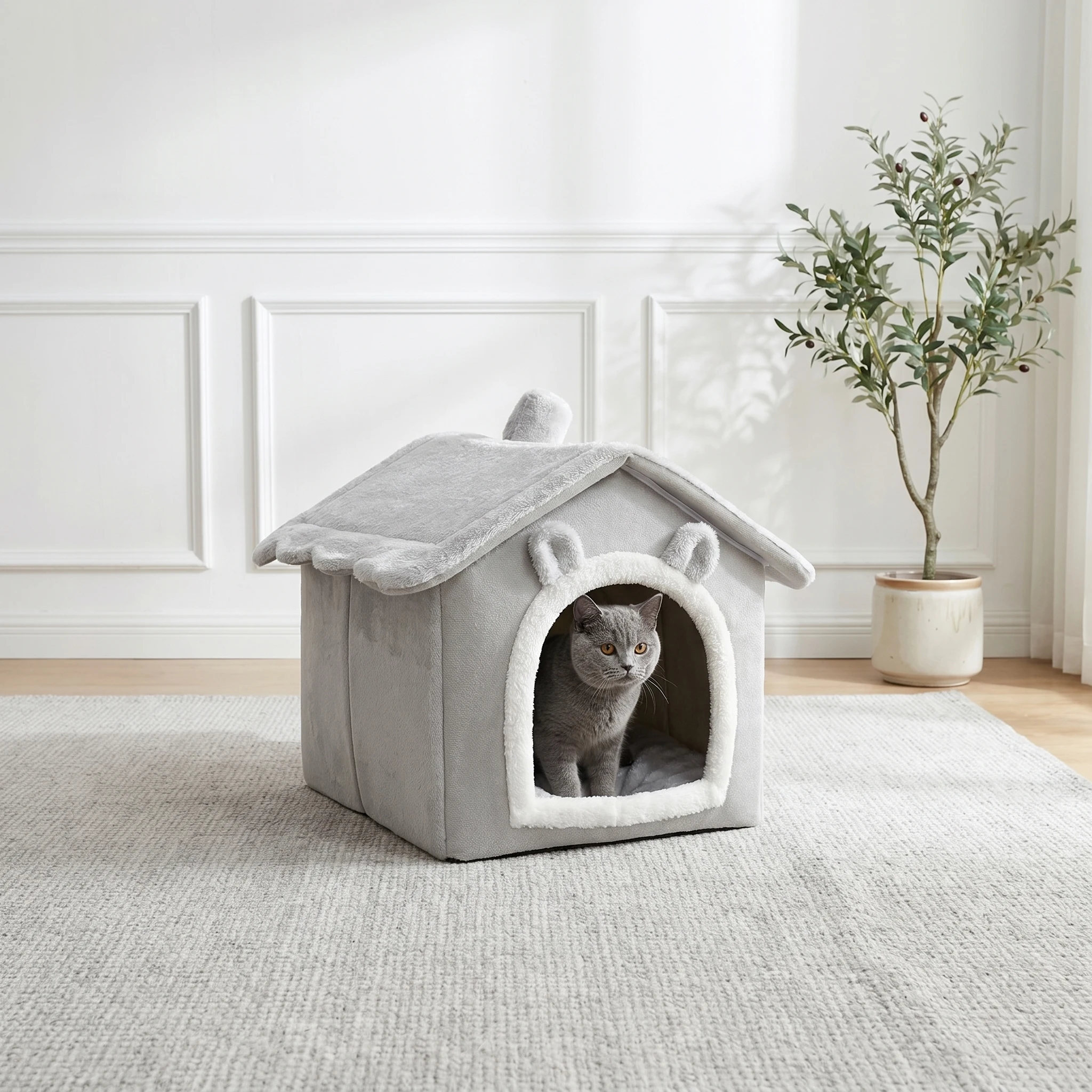 Lit maison pliable et lavable pour chat et petit chien avec coussin amovible_voghion.com