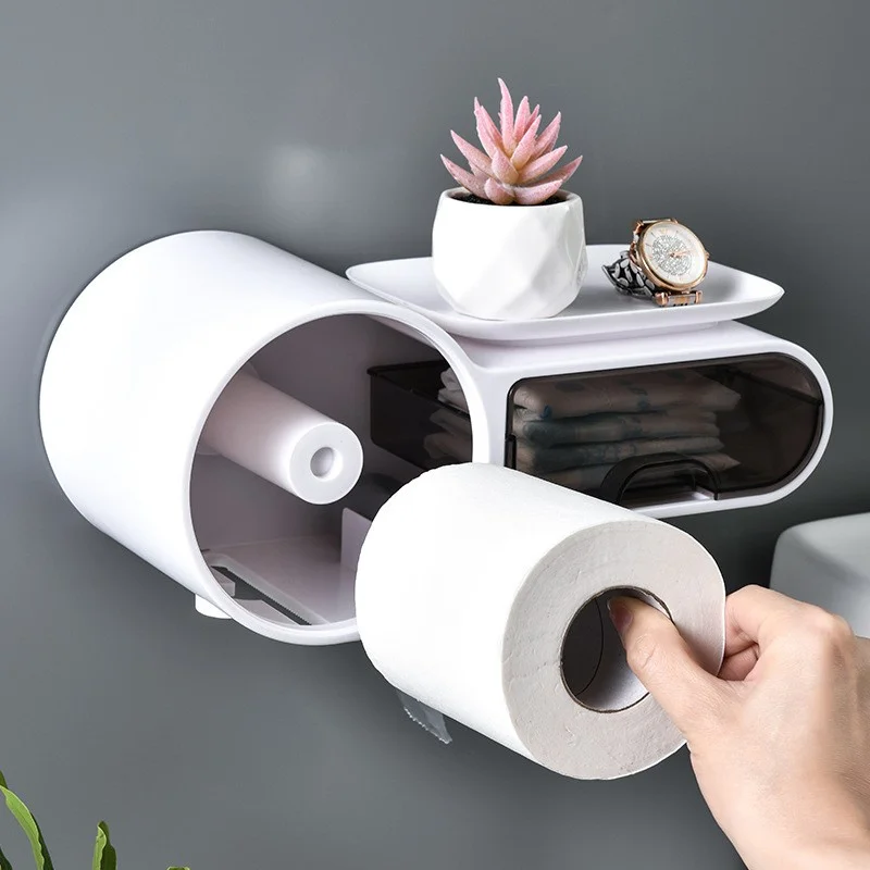 Self Adhesive Toilet Paper Holder Multifunction Bathroom Stand Wall Mount Toilet Paper Holder Phone Holder Storage Box