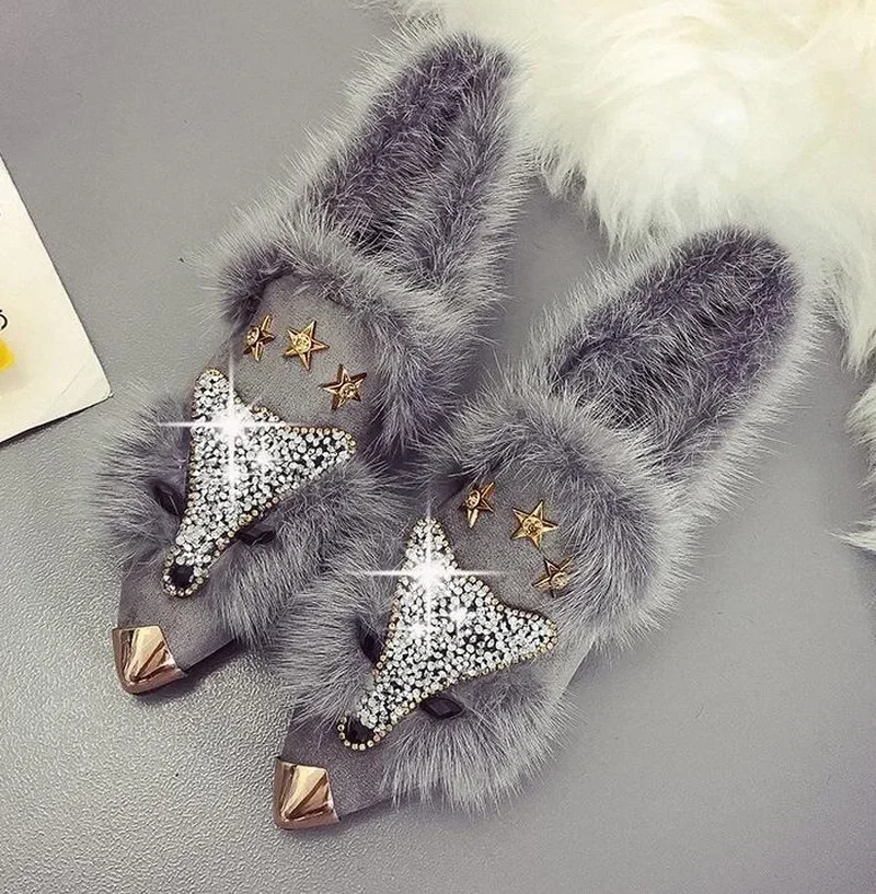 Crystal Fox Pattern Winter Flat Loafers Women Metal Pointed Toe Glitter Fur Moccasins Brand Design Ballet Flats Ladies Shoes women shoes