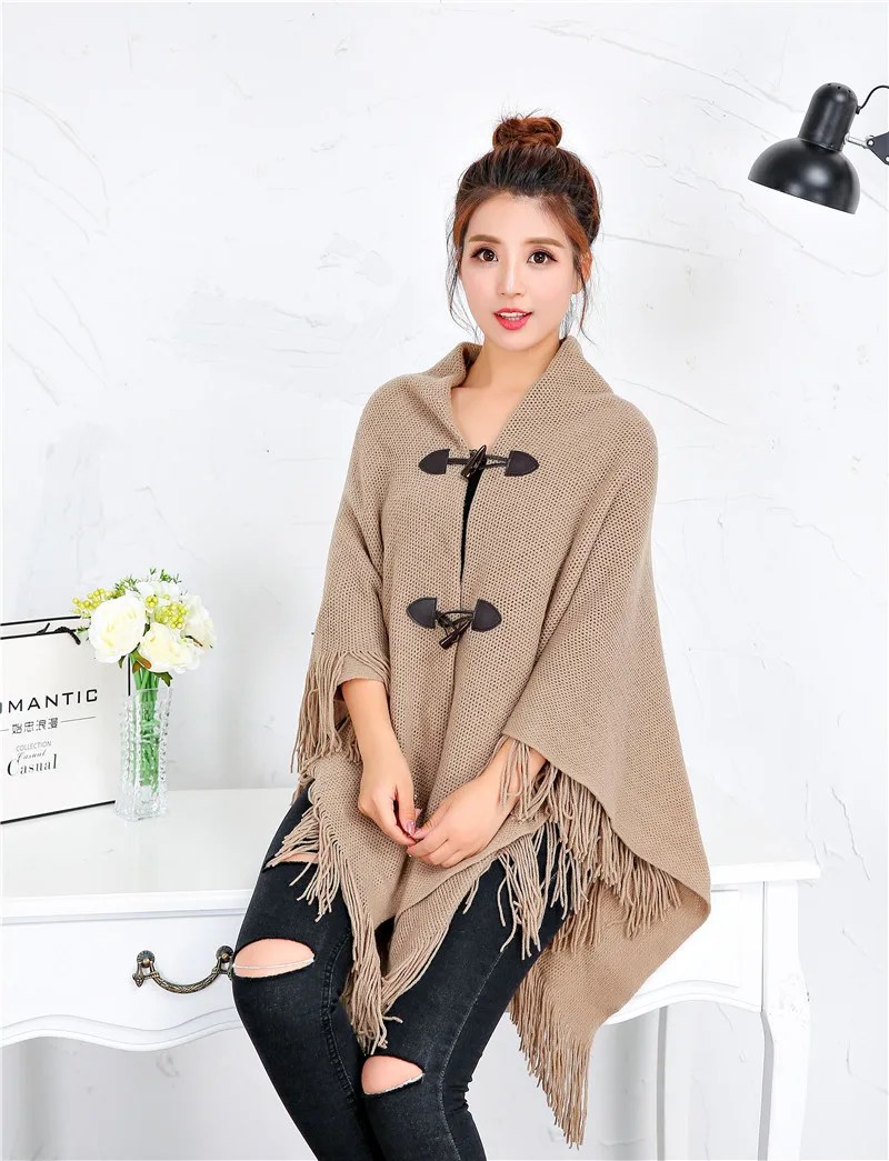 Spring Autumn New Style Shawl Cape Tassel Ox Horn Buckle Solid Color Irregular Double-Layer Tassel Cloak Shawl Sunscreen Khaki