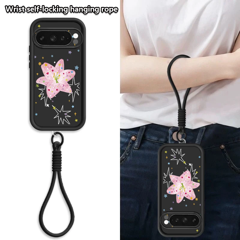 Pink Lily Flower Print Shockproof Lanyard Phone Case with Wrist Strap