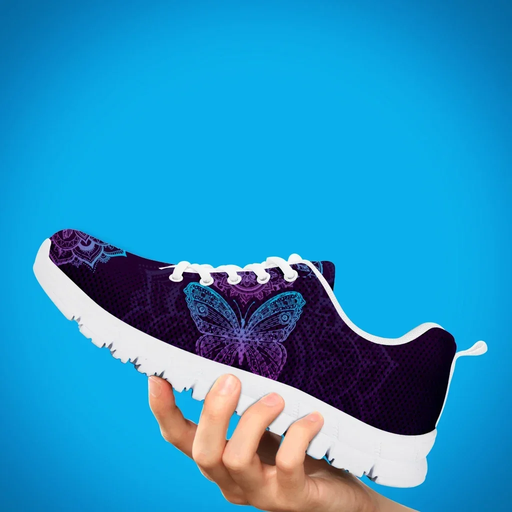 Purple Bohemian Mandala Flower Design Lightweight Outdoor Shoes Butterfly Pattern Comfortable Platform Sneakers