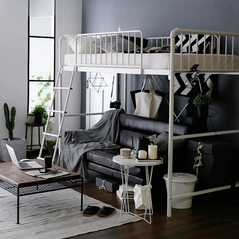 

Elevated iron art bed, small unit, energy-saving space, single upper shelf bed, bed, table, and empty adult apartment