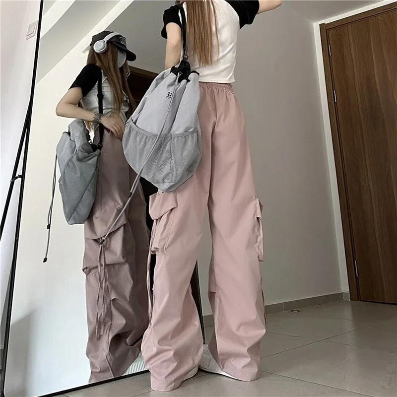 Hip Hop Pure Color Yellow Y2k Baggy Cargo Pants Women High Streetwear Vintage Trousers High-Waist Drawstring Wide Leg StreetPant
