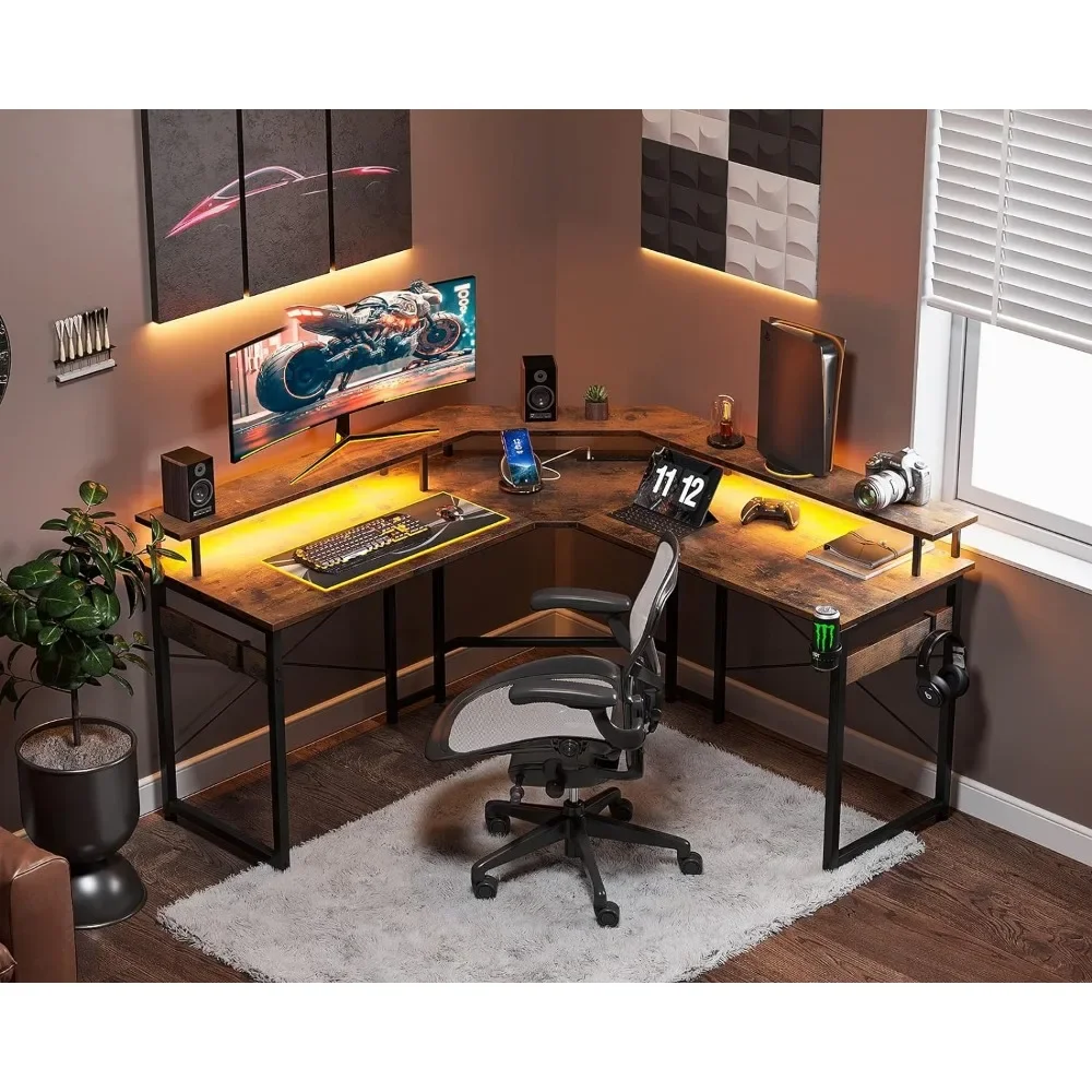 L Shaped Gaming Desk with LED Lights Power Outlets,51Computer Full Monitor Stand,Corner Desks with Cup Holder,Table Hook storage parasol stand umbrella hanging holder basket box hook umbrella stand balcony shade soporte sombrilla playa rain gear