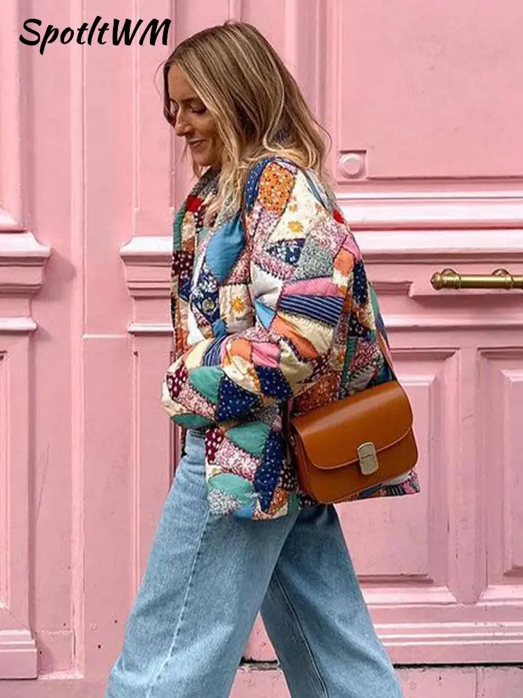 

Women Print Contrast Cotton Coat Autumn Winter Elegant Patchwork V-neck Jacket Female Vintage Fashion Street Loose Outerwear
