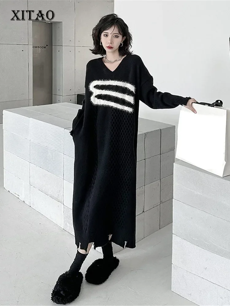 

XITAO Knitted Pattern Dress Fashion Pullover Full Sleeve Small Fresh Casual Style 2023 Autumn Minority Loose Dress FBB1182