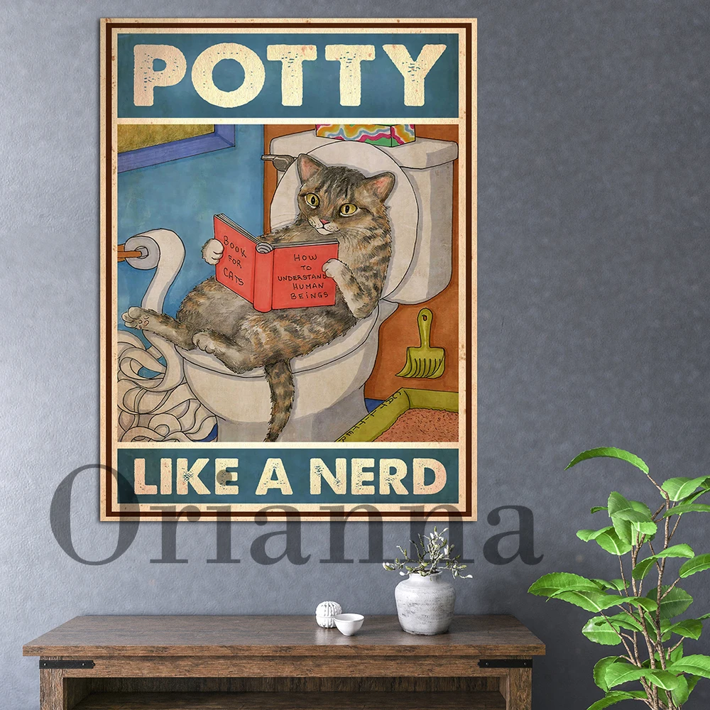Hd Paint Canvas Funny Cat Potty Like A Nerd Poster Da Bagno, Cat Bathroom Art, Cat Bathroom Vintage Wall Decor, Cat Lover Gift