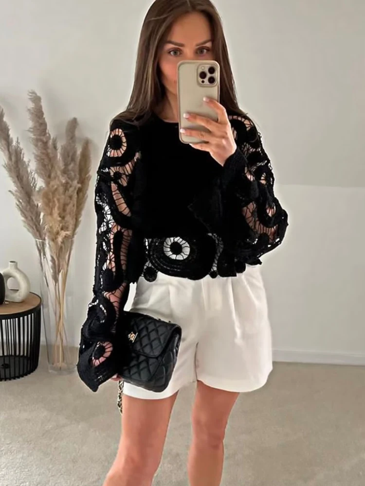 

Tossy Knit Sweater Pullover For Women See-Through Broken Fashion Hollow Out Loose Knitwear Top Female Patchwork Elegant Pullover