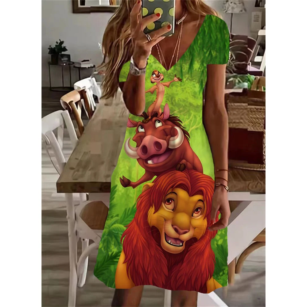 thumbnail image 1 of Vestido corto informal de verano con escote en V y manga corta, estilo playero, con estampado del Rey León, 2024, 1 of 5