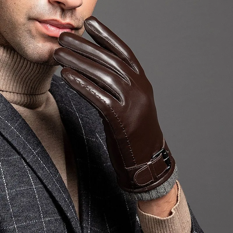 Genuine Leather Gloves For Men Male Sheepskin Touch Screen Winter Warm Windproof Mittens Driving Cycling Motorcycle