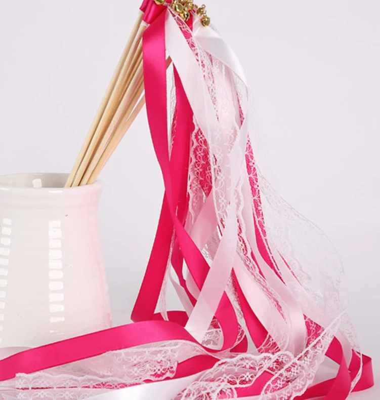 Elegant Wedding Ribbon Wands with Lace Streamers and Bells - Perfect for Celebrations and Decor
