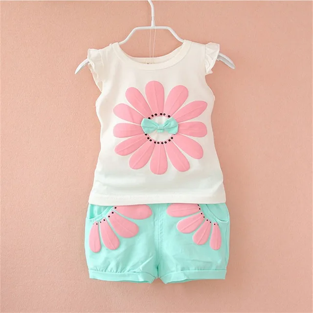 Summer Cute Cartoon 2PCS Kids Baby Girls Floral T-shirt Top Shorts Pants Set Clothes Girls Clothing Sets TaiYangHua-green