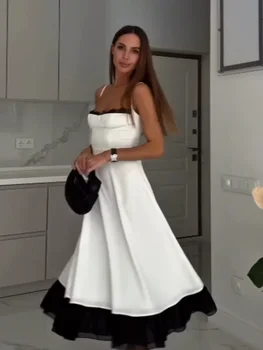 Abito Midi Nero con Pizzo, Spalline Sottili e Gonna Svasata con Orlo a Balze Rosa, Elegante per Eventi Estivi 2026 e Streetwear