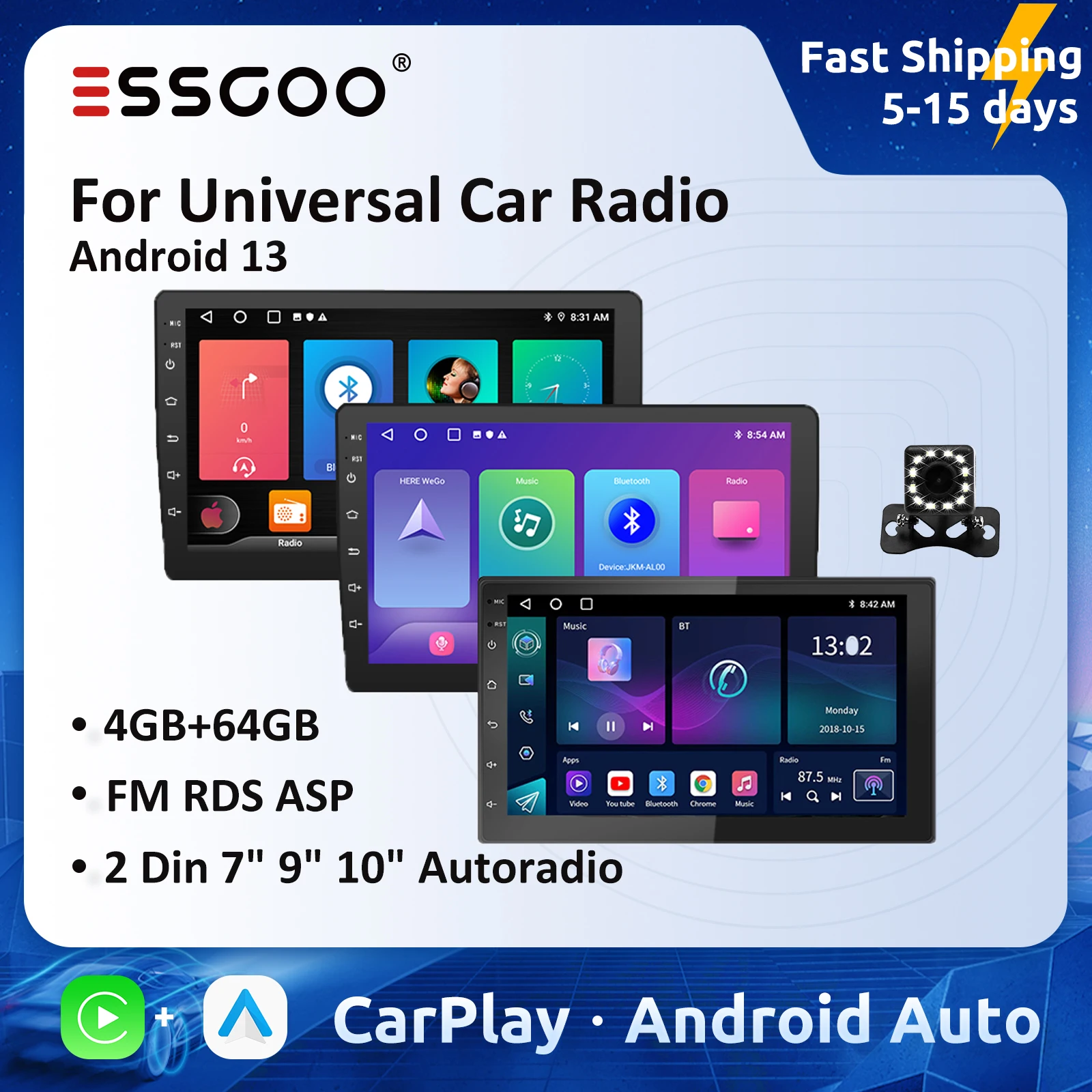 

ESSGOO Car Radio Wireless Carplay Android Auto 2 Din 7" 9" 10" GPS Navigator MP5 Player IPS Screen WiFi BT Quad-core Car Stereo