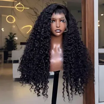 Long Deep Wave Black Color Synthetic 13X4 HD Lace Frontal Wig For Black Women Prepucked Bleach Knots Glueless Wig Daily Party