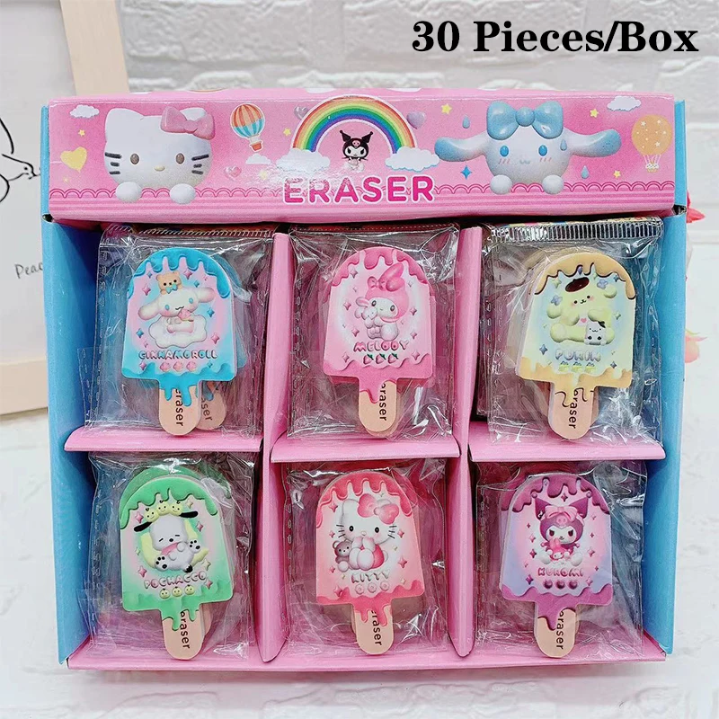

Sanrio Kawaii, ластик Kuromi Melody Cinnamonroll, 30 шт., стерео, мороженое, милый ластик-карандаш, канцелярские принадлежности, оптовая продажа