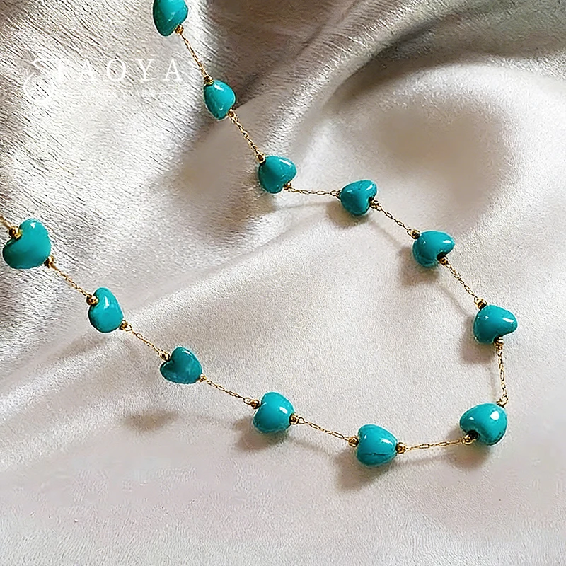 Retro Türkis Herzförmige Edelstahl-Halskette in Goldfarbe für Damen, Sexy Choker Schlüsselbein-Kette Schmuck-Accessoire
