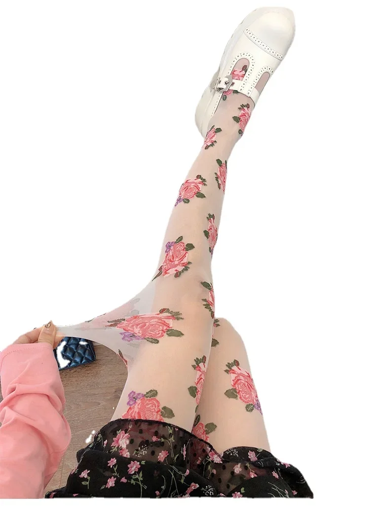 Women Stockings Handmade Embroidery Pink Flower Sexy Style Fishnet Mesh Stockings Elegant Senior Floral Tights Stockings