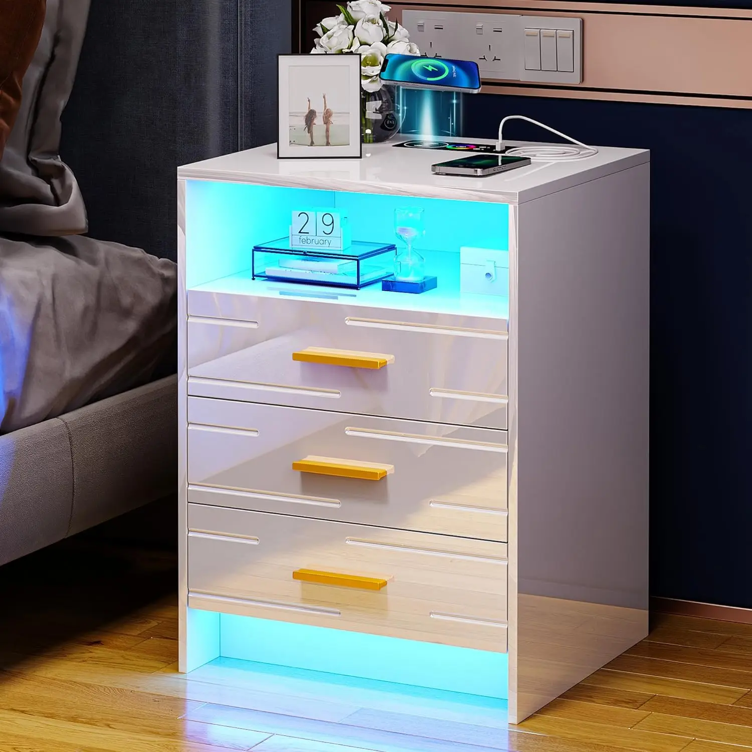 

HNEBC RGB LED Nightstand with Wireless Charging Station, Night Stand with 3 Drawers, Modern Bedside Table with Human