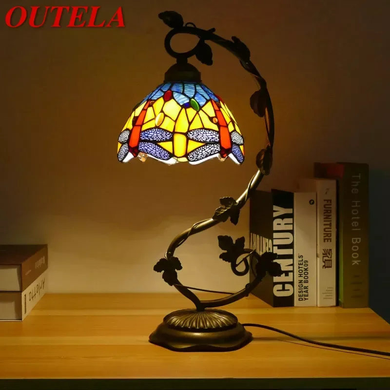

OUTELA Tiffany Table Lamp American Retro Living Room Bedroom Lamp Luxurious Villa Hotel Stained Glass Desk Lamp