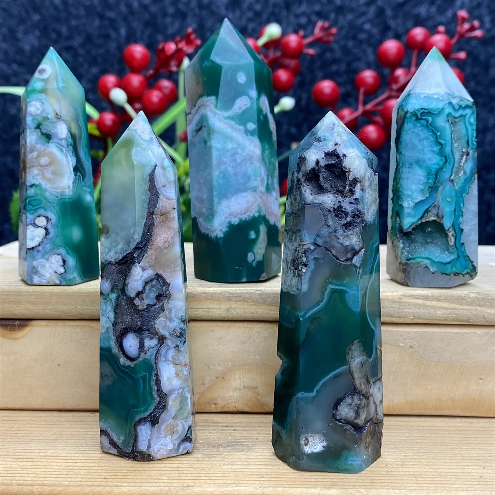 

Natural Green Cherry Blossom Stone Agate Energy Crystal Tower Healing aura obelisk Garden Aquarium Home Decoration Holiday Gift