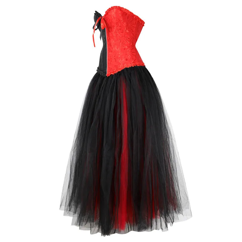 Red And Black Corset Costume Zipper Front Bustier Corset Dress Long With  Skirt Set Burlesque Halloween Exotic Plus Size Korsett - AliExpress  200574005