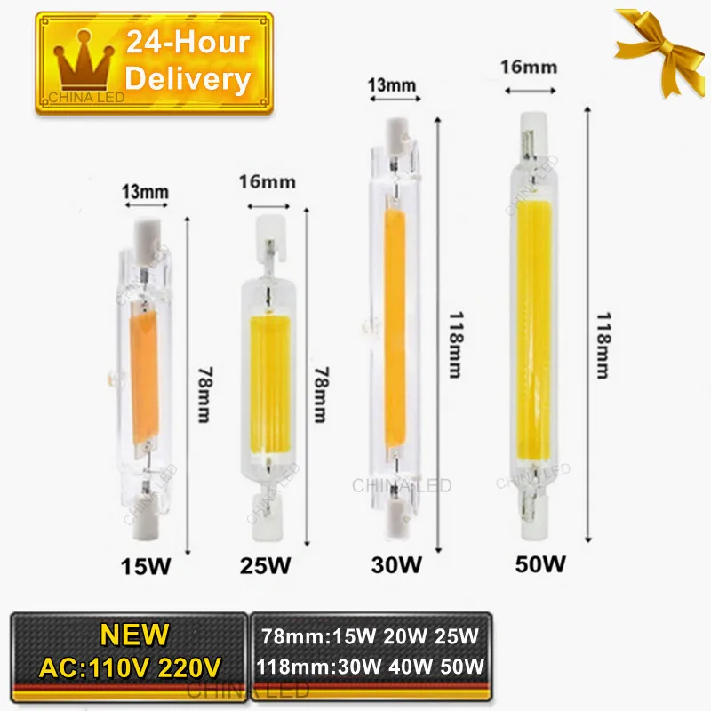 고출력 LED COB 유리관 전구, 가정용 할로겐 램프 교체, R7s COB 전구, 78mm 118mm, J78 J118, AC110V, 120V, 130V, 220V, 230V, 240V