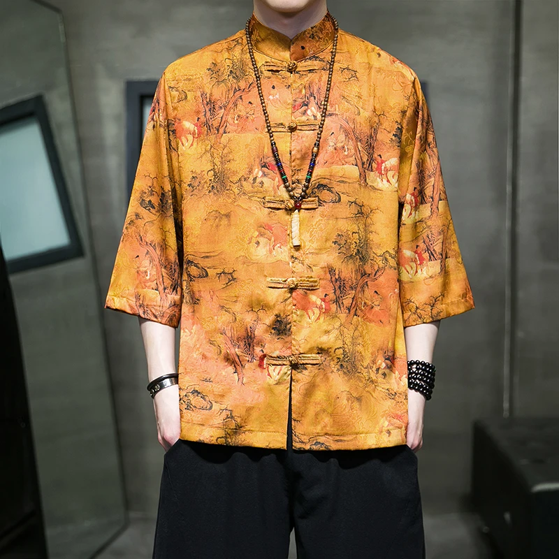 

Sinicism Traditional Tang Suit Hanfu IceSilk Shirt Premium Printed Men's Cheongsam Collar Casual Jacket Retro Dial Buckle Tops