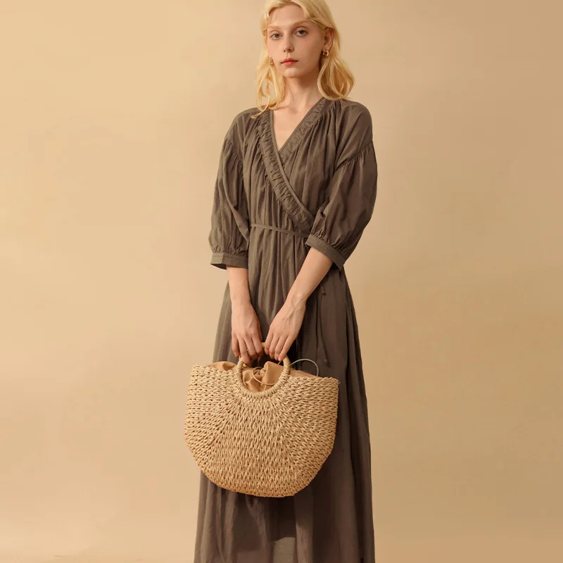 

Женское платье с рюшами, Длинное Элегантное платье из 2024 хлопка с V-образным вырезом, лето 100%