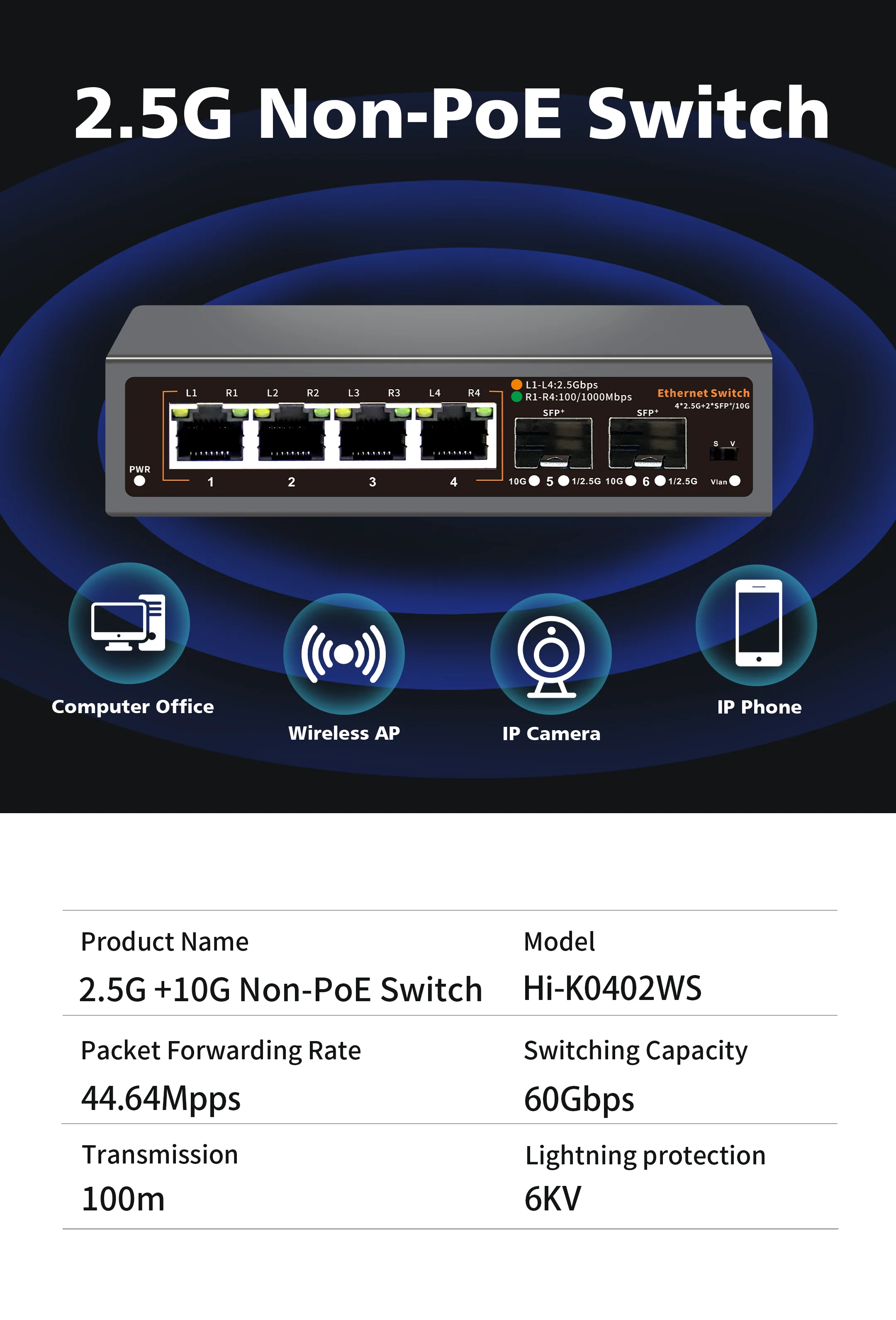Hisource 4 Port  2500Mbps Ethernet Switch None POE Network Switch2 port 10G SFP+