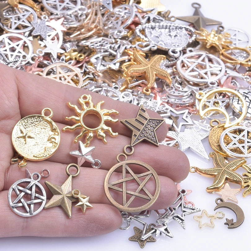 Hellgoldene Farbe, zufällige Mischung, 10/20/30/50 Stück, Sonne, Mond, Stern, Charms für Schmuckherstellung, Materialien, um Armbänder herzustellen, handgefertigter Anhänger – Detail 9