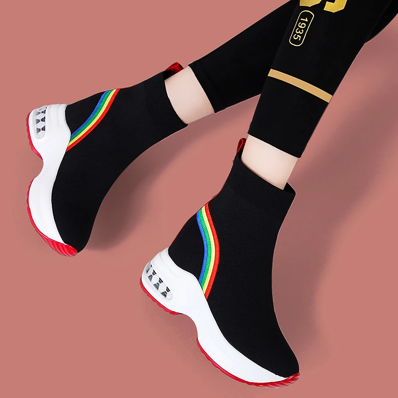 

Women Sneakers 2022 New Women's Round Toe Knit Knit Ankle Boots Shoes Platform High Heels Slip-On Shoes Girls Zapatos De Mujer