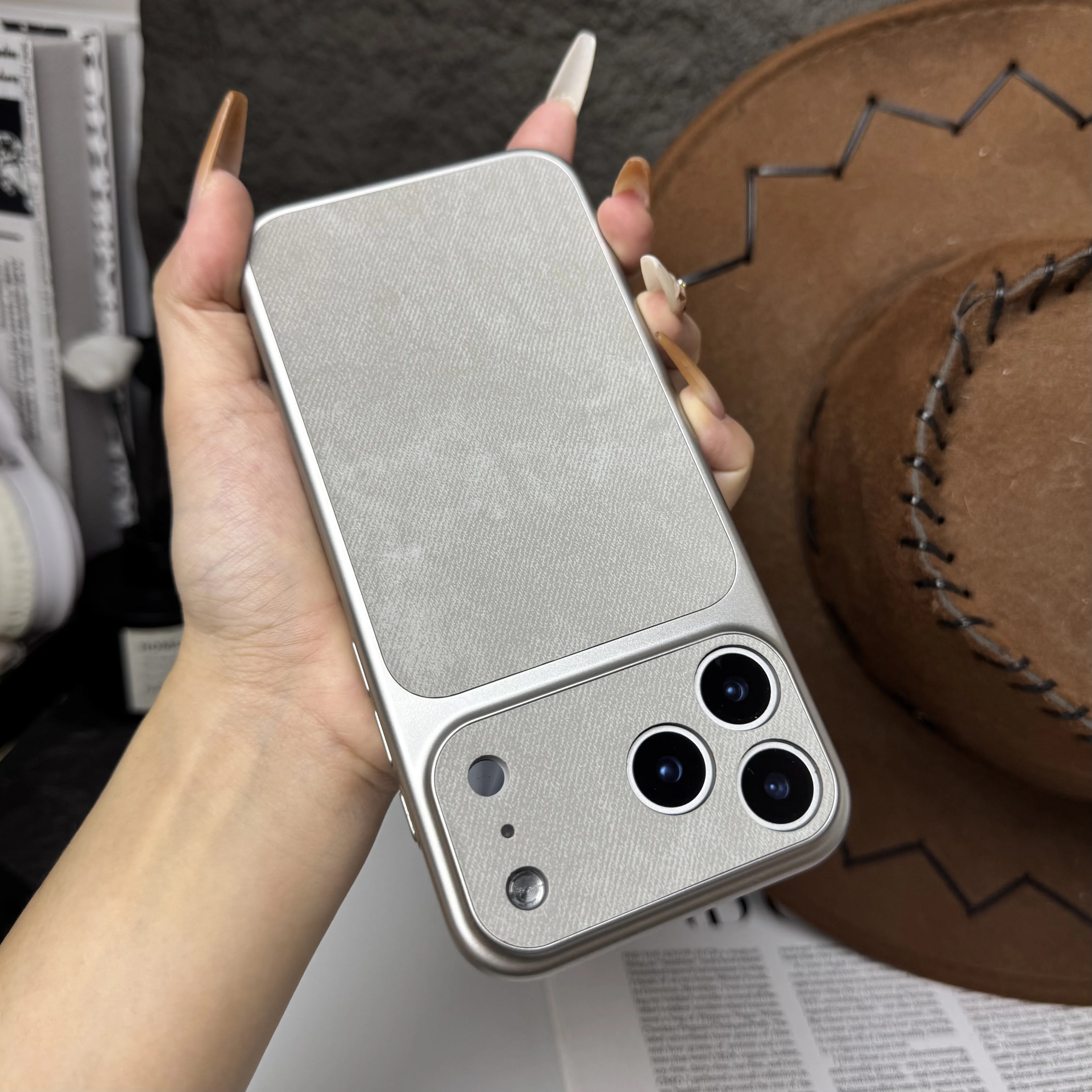 Denim Pattern Leather Phone Case with Large Window and Suede Shell